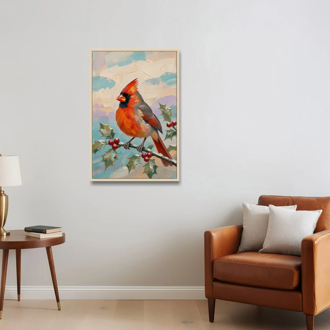 Red Cardinal Painting on Holly Sprig - Oak Framed Canvas Wall Art - Sofa - 24x36