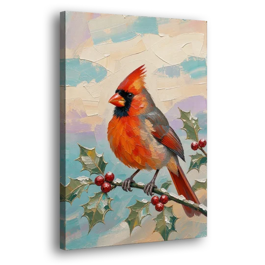 Red Cardinal Painting on Holly Sprig - Canvas Wall Art - Side