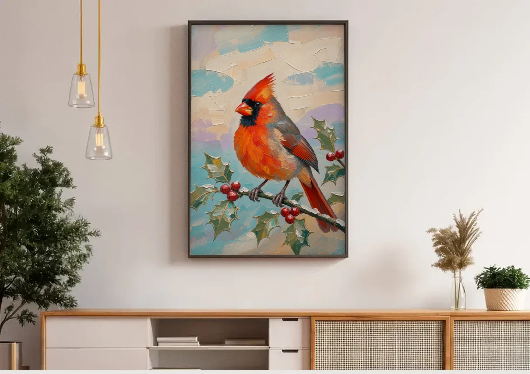 Red Cardinal Painting on Holly Sprig canvas wall art above a wooden sideboard under pendant lights