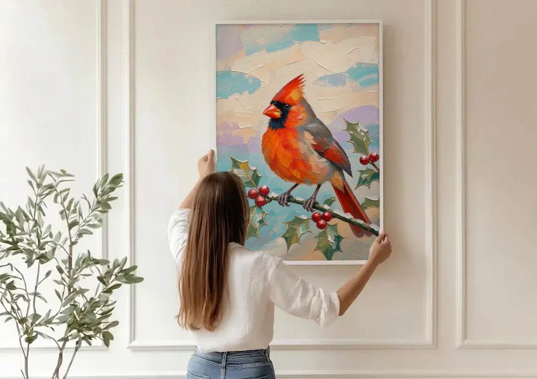 Red Cardinal Painting on Holly Sprig canvas wall art being hung on a paneled wall