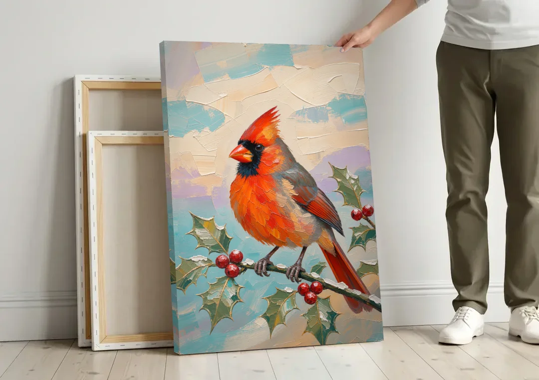 Red Cardinal Painting on Holly Sprig canvas wall art leaning against a wall next to blank canvases