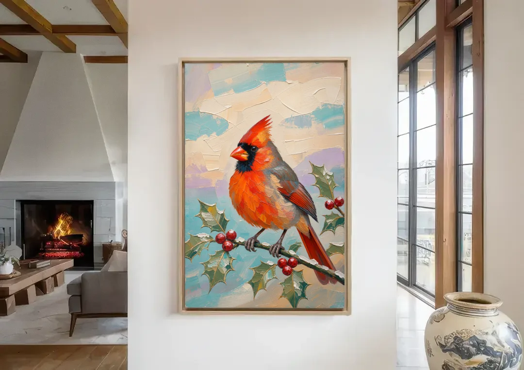 Red Cardinal Painting on Holly Sprig canvas wall art in a living room with a fireplace