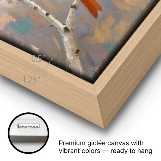 Winter Red Cardinal Pair on Twilight Birch - Oak Framed Canvas Wall Art - Gallery Wrap Corner