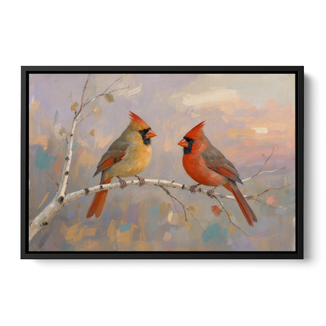 Winter Red Cardinal Pair on Twilight Birch - Black Framed Canvas Wall Art - Front