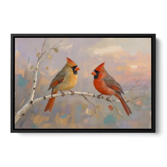 Winter Red Cardinal Pair on Twilight Birch - Black Framed Canvas Wall Art - Front