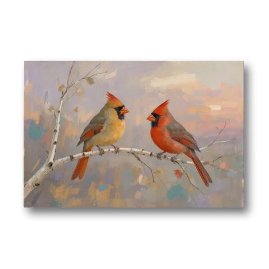 Winter Red Cardinal Pair on Twilight Birch - Canvas Wall Art - Front