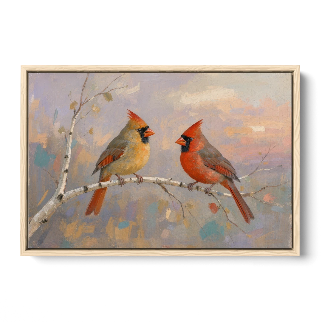 Winter Red Cardinal Pair on Twilight Birch - Oak Framed Canvas Wall Art - Front