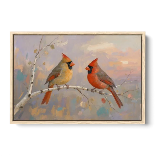 Winter Red Cardinal Pair on Twilight Birch - Oak Framed Canvas Wall Art - Front