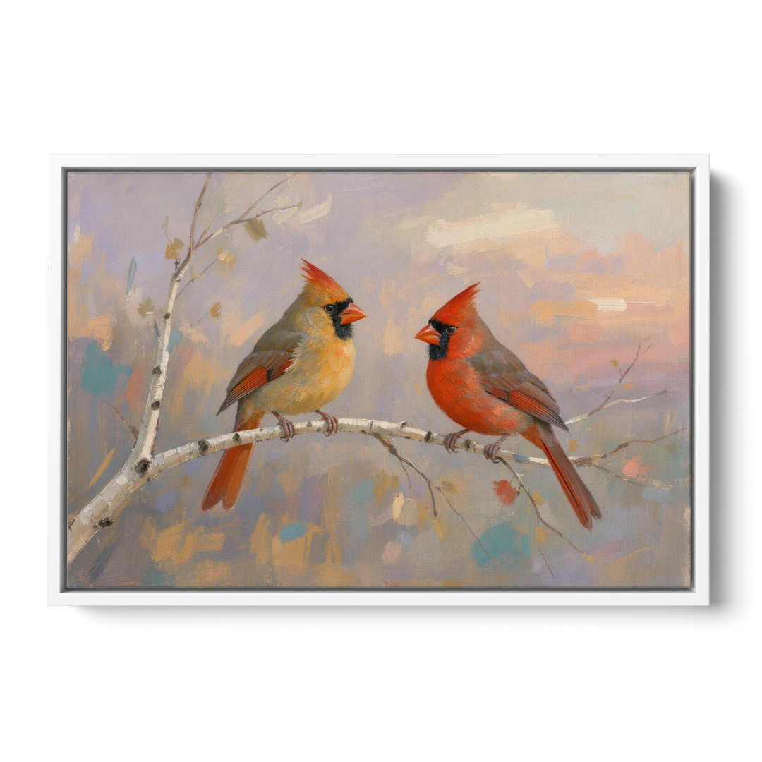 Winter Red Cardinal Pair on Twilight Birch - White Framed Canvas Wall Art - Front