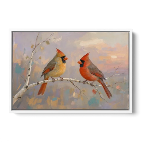 Winter Red Cardinal Pair on Twilight Birch - White Framed Canvas Wall Art - Front
