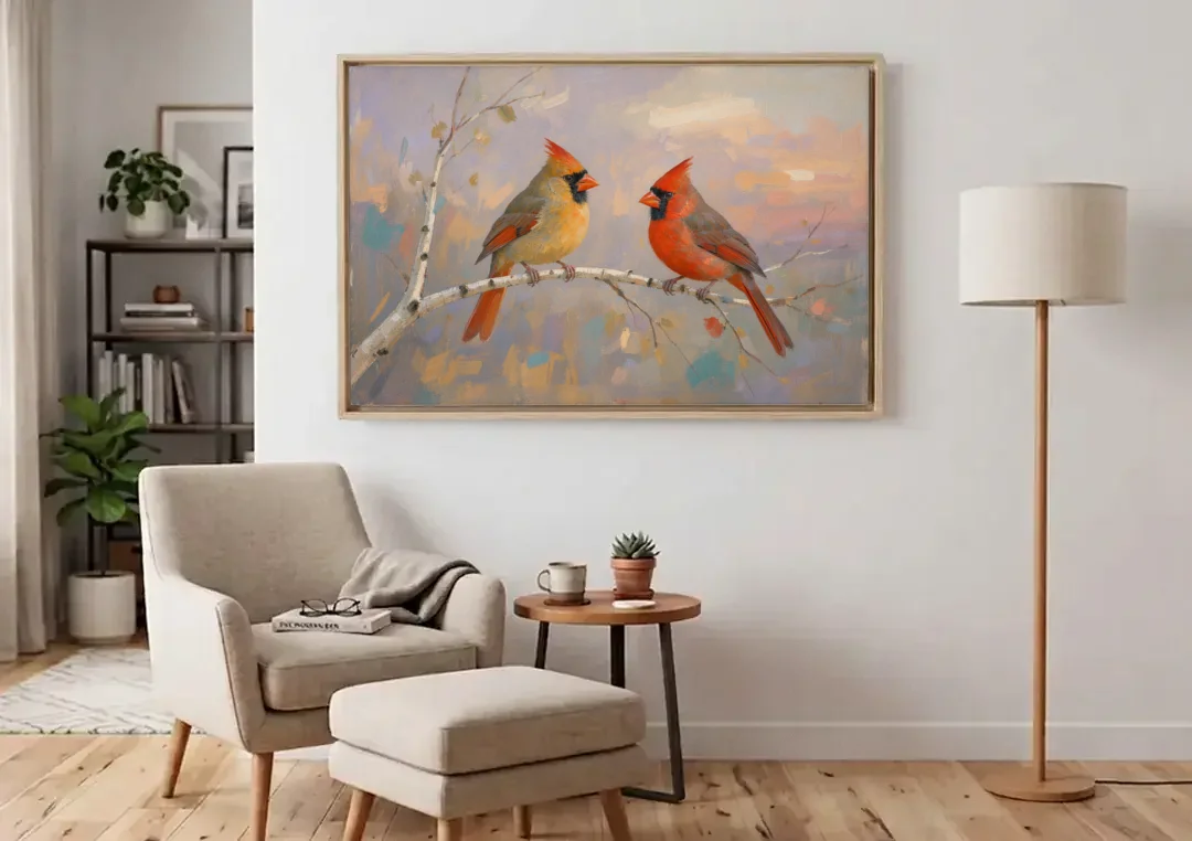 Winter Red Cardinal Pair on Twilight Birch canvas wall art above an armchair in a bright living room
