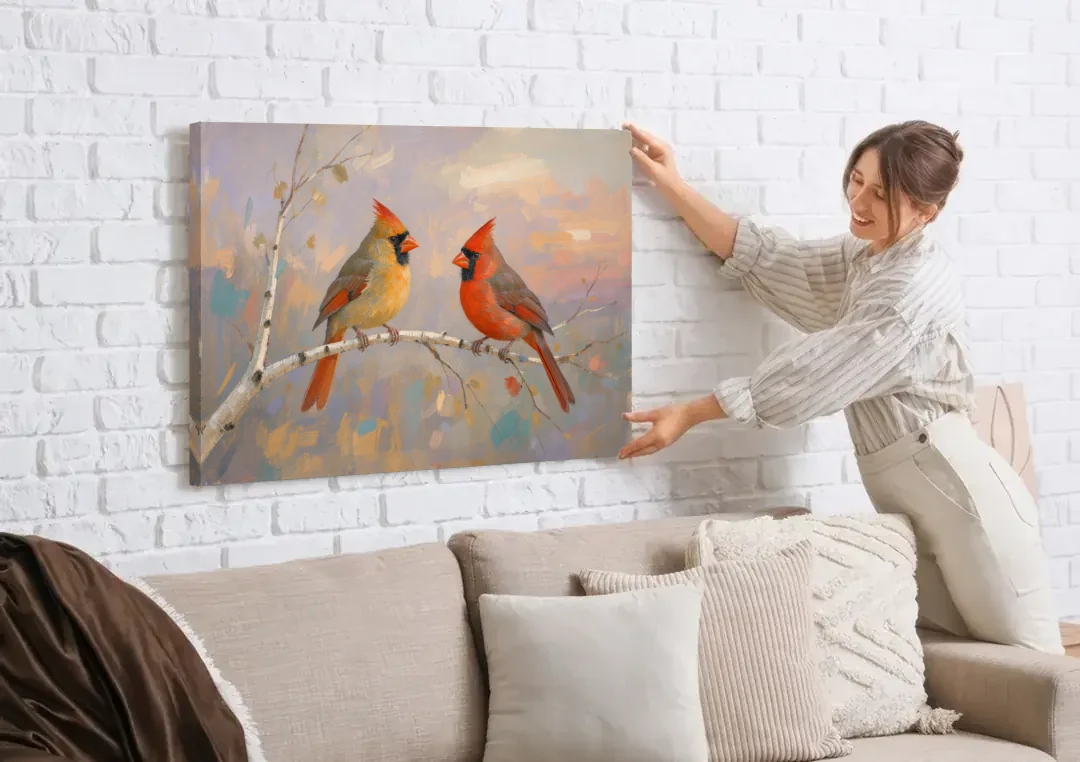 Winter Red Cardinal Pair on Twilight Birch canvas wall art being hung on a white brick wall above a sofa