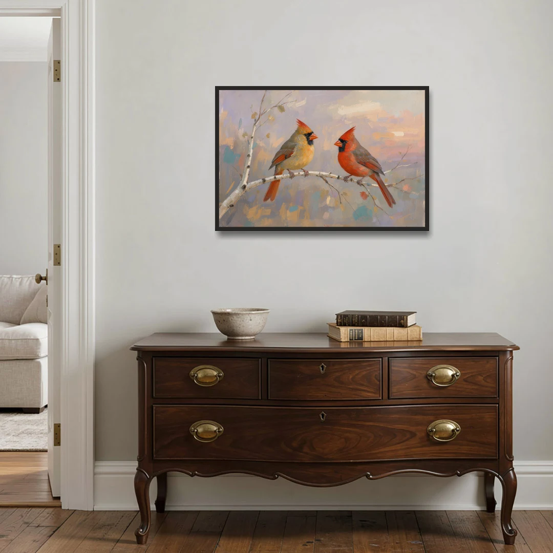 Winter Red Cardinal Pair on Twilight Birch - Black Framed Canvas Wall Art - Coffee Table - 36x24