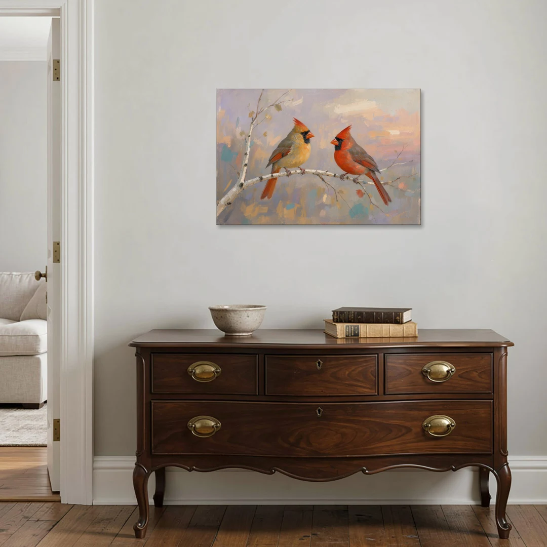 Winter Red Cardinal Pair on Twilight Birch - Canvas Wall Art - Coffee Table - 36x24