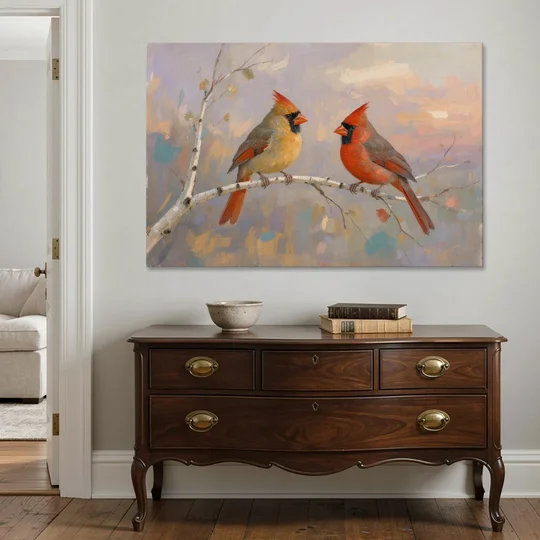 Winter Red Cardinal Pair on Twilight Birch - Canvas Wall Art - Coffee Table - 60x40