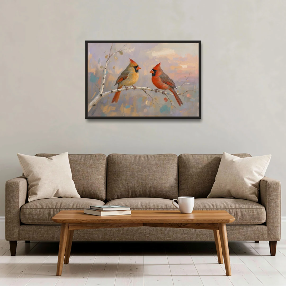 Winter Red Cardinal Pair on Twilight Birch - Black Framed Canvas Wall Art - Sofa - 36x24