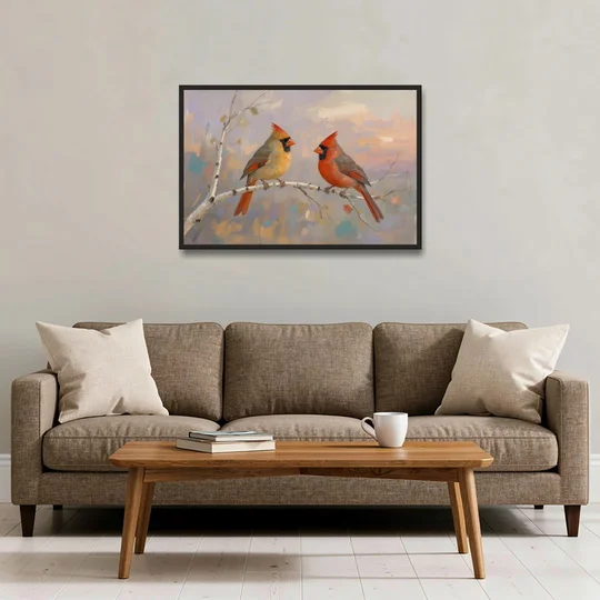 Winter Red Cardinal Pair on Twilight Birch - Black Framed Canvas Wall Art - Sofa - 36x24