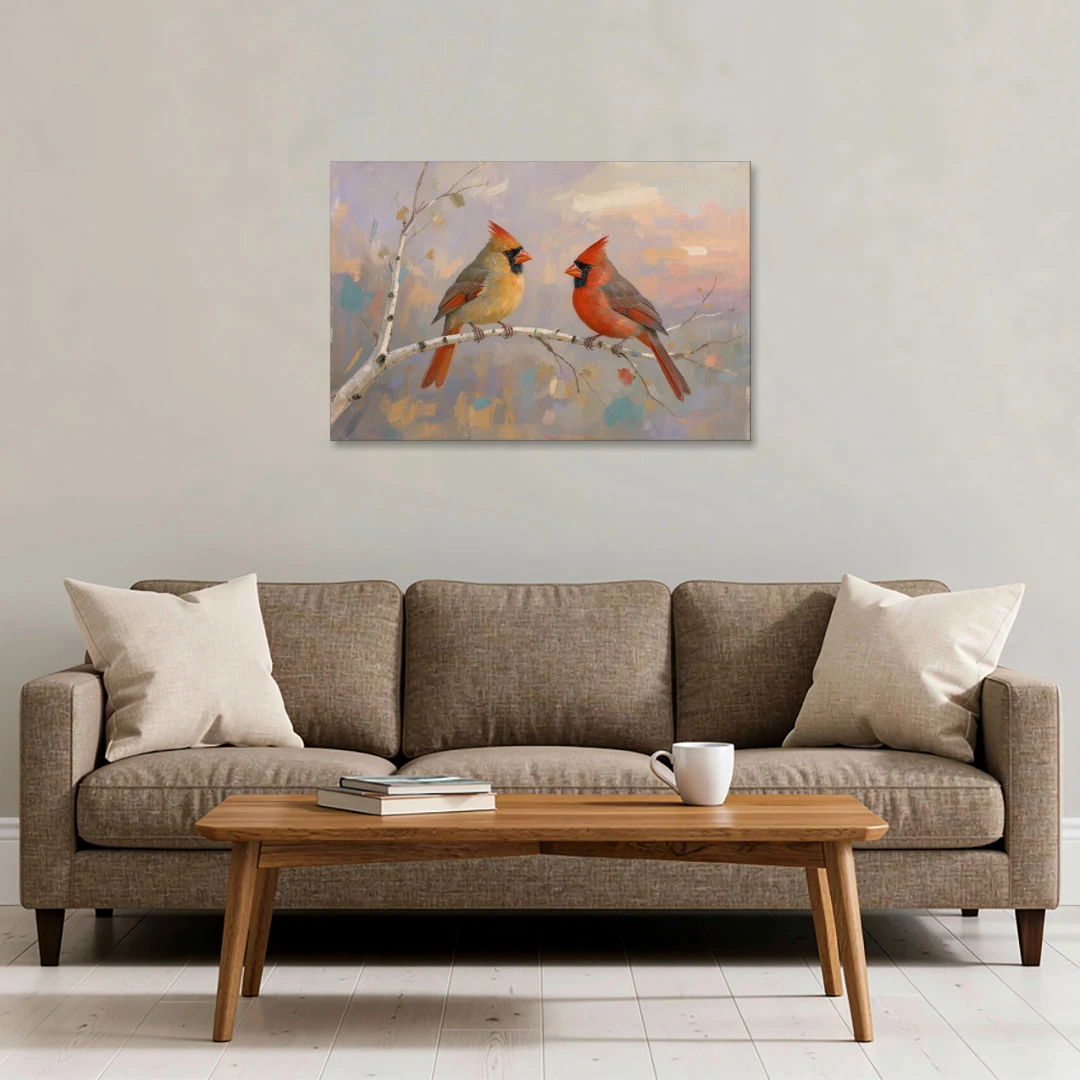 Winter Red Cardinal Pair on Twilight Birch - Canvas Wall Art - Sofa - 36x24