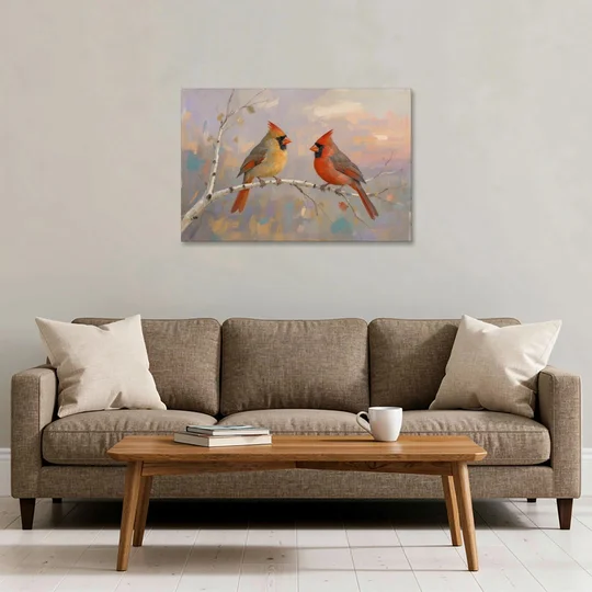 Winter Red Cardinal Pair on Twilight Birch - Canvas Wall Art - Sofa - 36x24