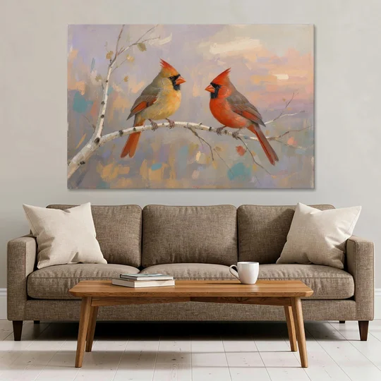 Winter Red Cardinal Pair on Twilight Birch - Canvas Wall Art - Sofa - 60x40