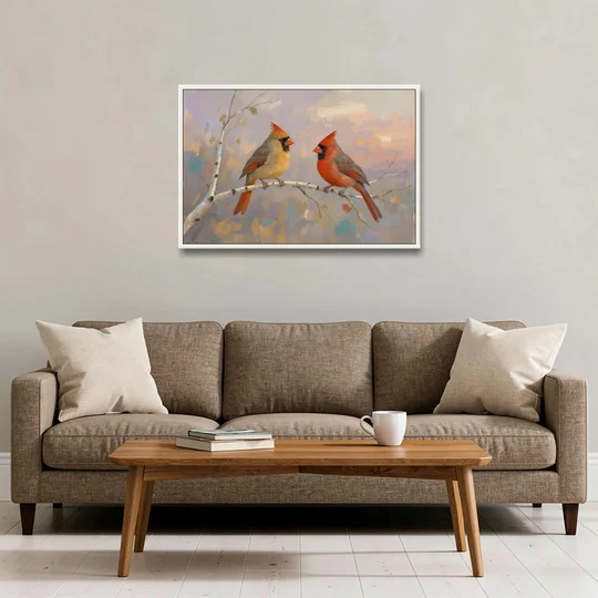 Winter Red Cardinal Pair on Twilight Birch - White Framed Canvas Wall Art - Sofa - 36x24