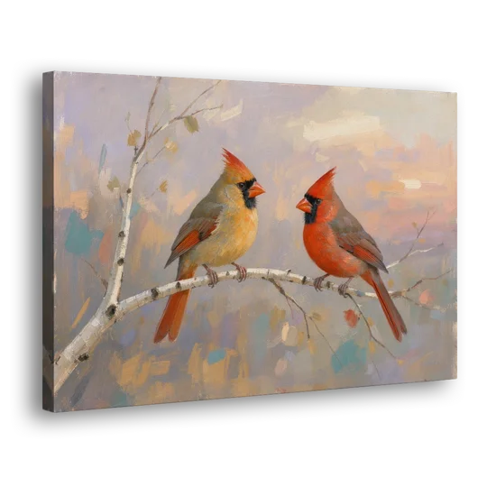 Winter Red Cardinal Pair on Twilight Birch - Canvas Wall Art - Side