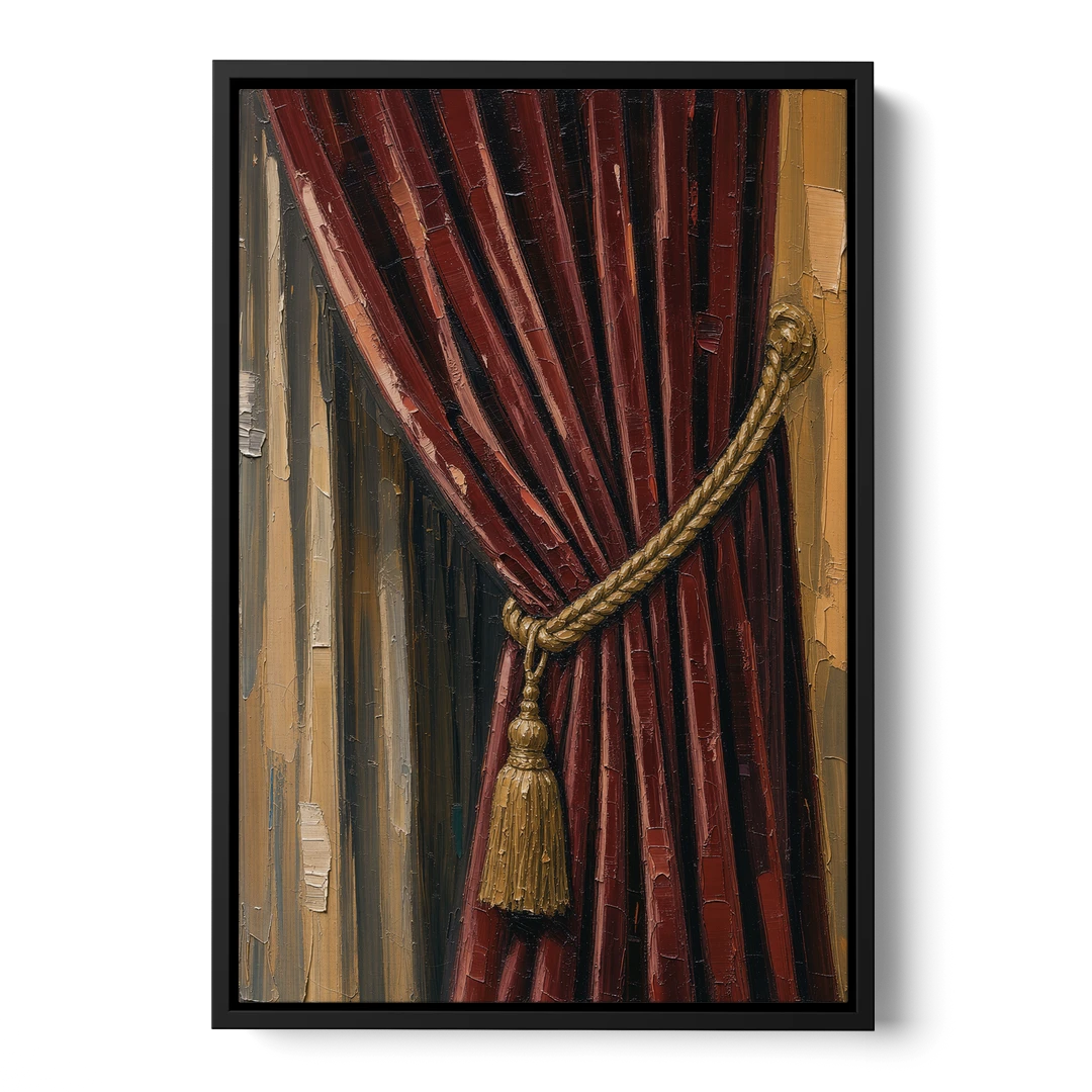 Red Curtain Painting with Gold Tassel Tieback - Black Framed Canvas Wall Art - Front