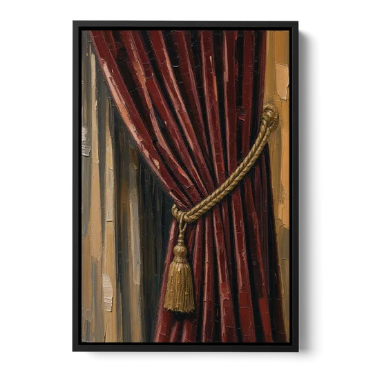 Red Curtain Painting with Gold Tassel Tieback - Black Framed Canvas Wall Art - Front