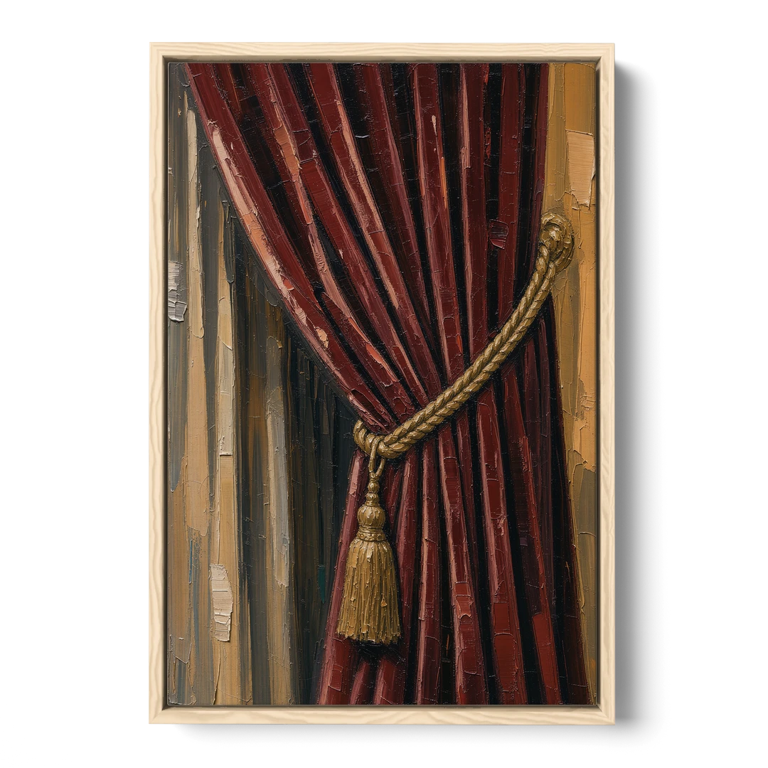 Red Curtain Painting with Gold Tassel Tieback - Oak Framed Canvas Wall Art - Front