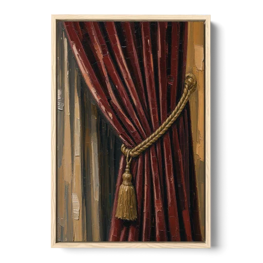 Red Curtain Painting with Gold Tassel Tieback - Oak Framed Canvas Wall Art - Front