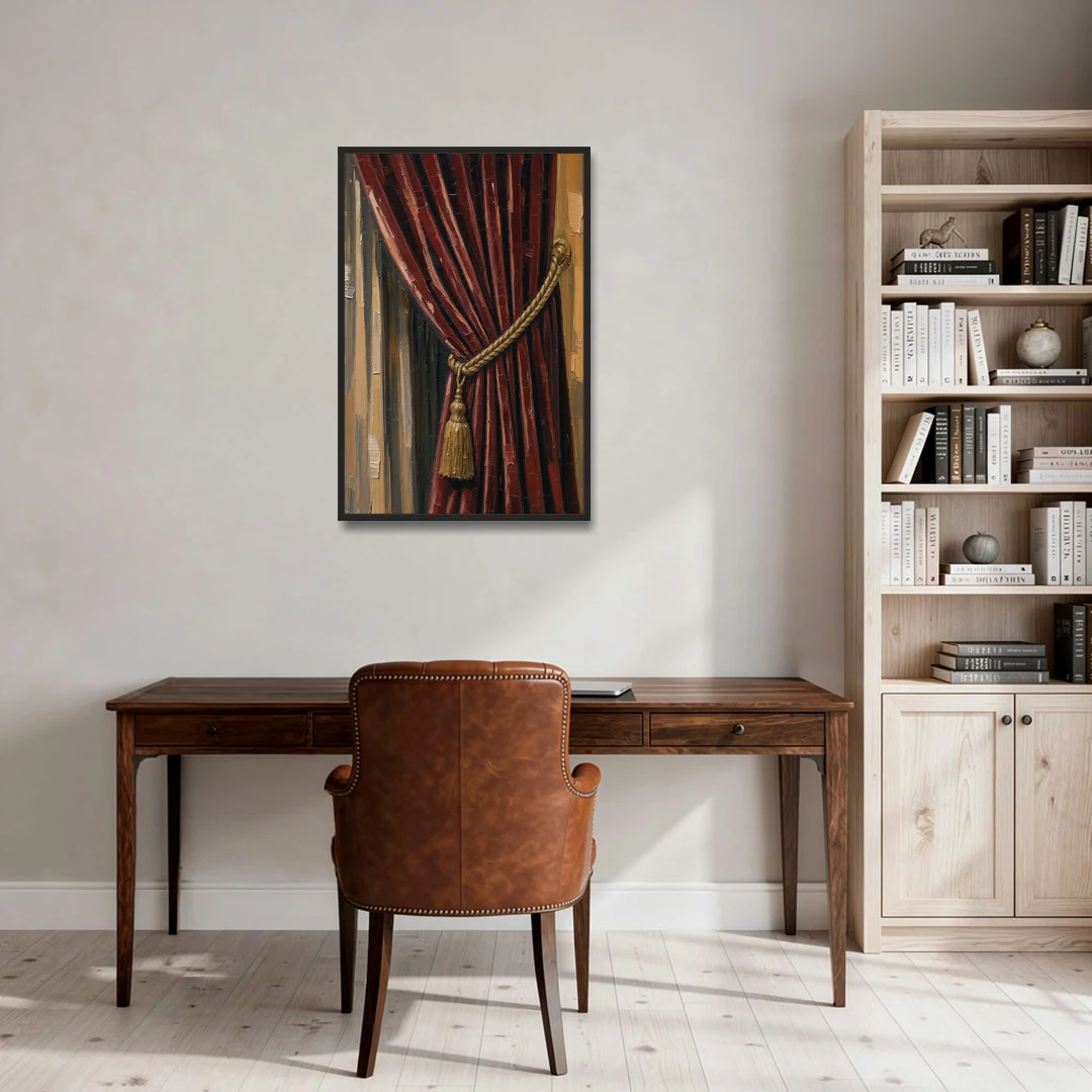 Red Curtain Painting with Gold Tassel Tieback - Black Framed Canvas Wall Art - Office - 24x36
