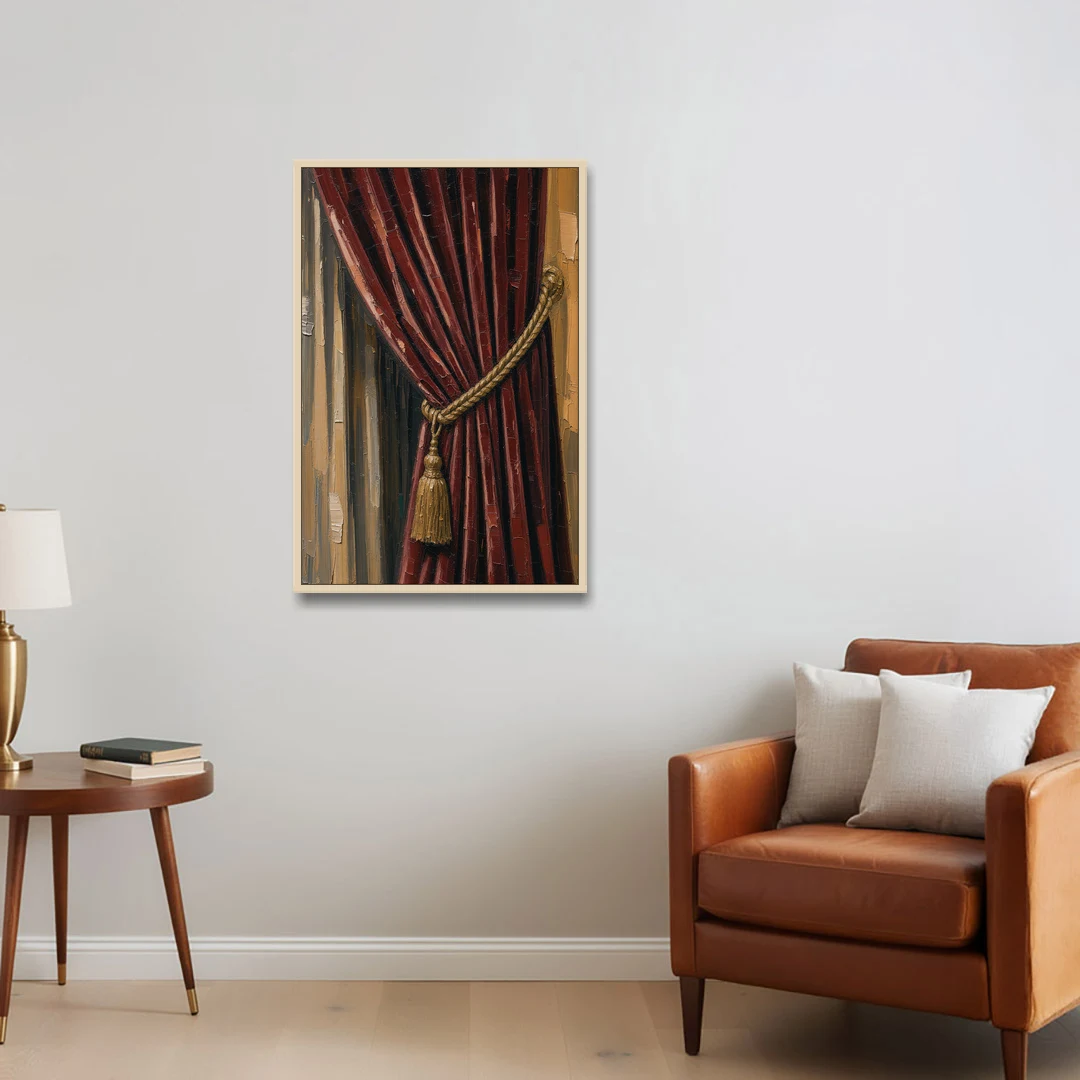 Red Curtain Painting with Gold Tassel Tieback - Oak Framed Canvas Wall Art - Sofa - 24x36
