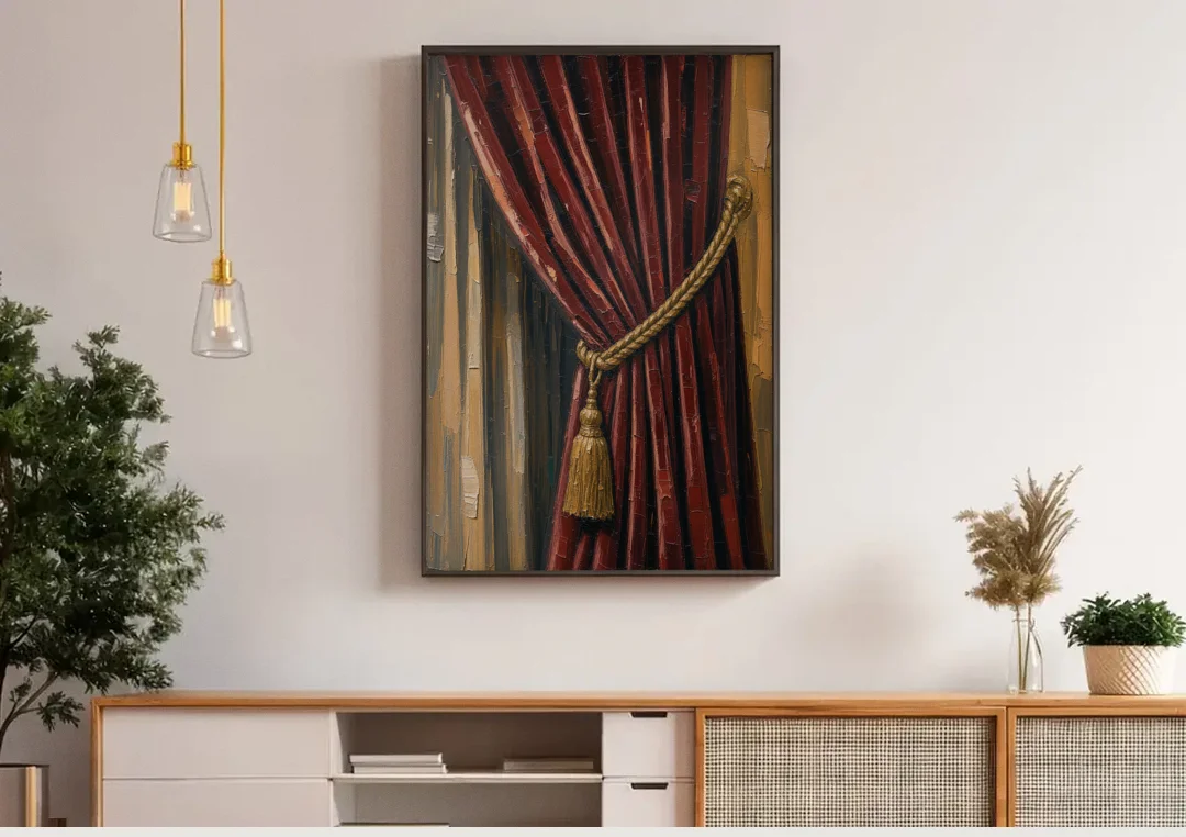 Red Curtain Painting with Gold Tassel Tieback canvas wall art above a wooden sideboard under pendant lights