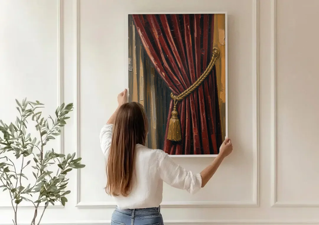 Red Curtain Painting with Gold Tassel Tieback canvas wall art being hung on a paneled wall