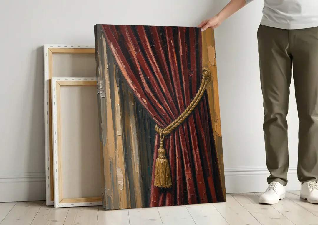 Red Curtain Painting with Gold Tassel Tieback canvas wall art leaning against a wall next to blank canvases