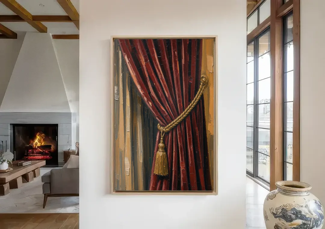 Red Curtain Painting with Gold Tassel Tieback canvas wall art in a living room with a fireplace