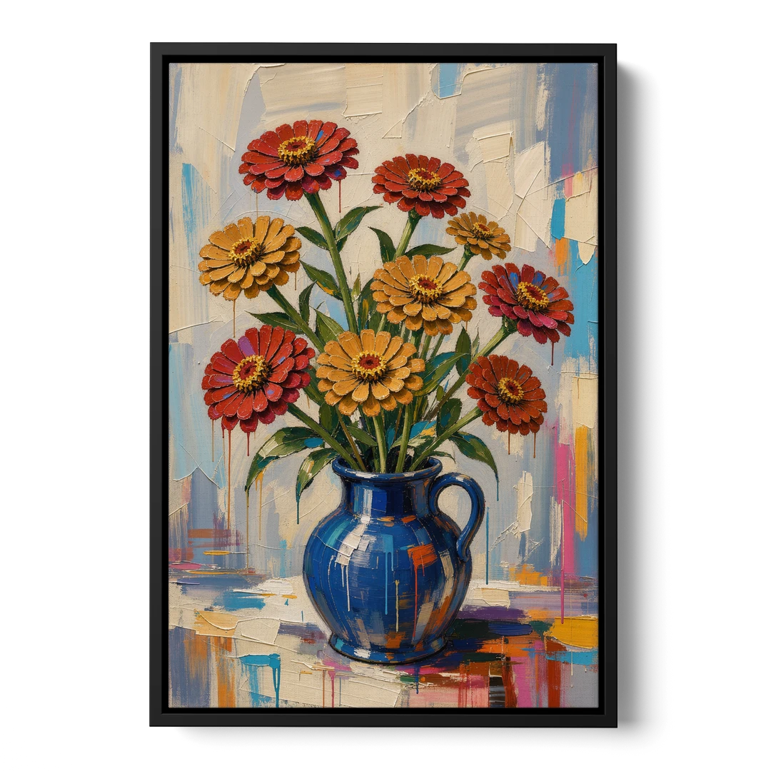 Red Floral Wall Art of Zinnias in a Cobalt Jug - Black Framed Canvas Wall Art - Front