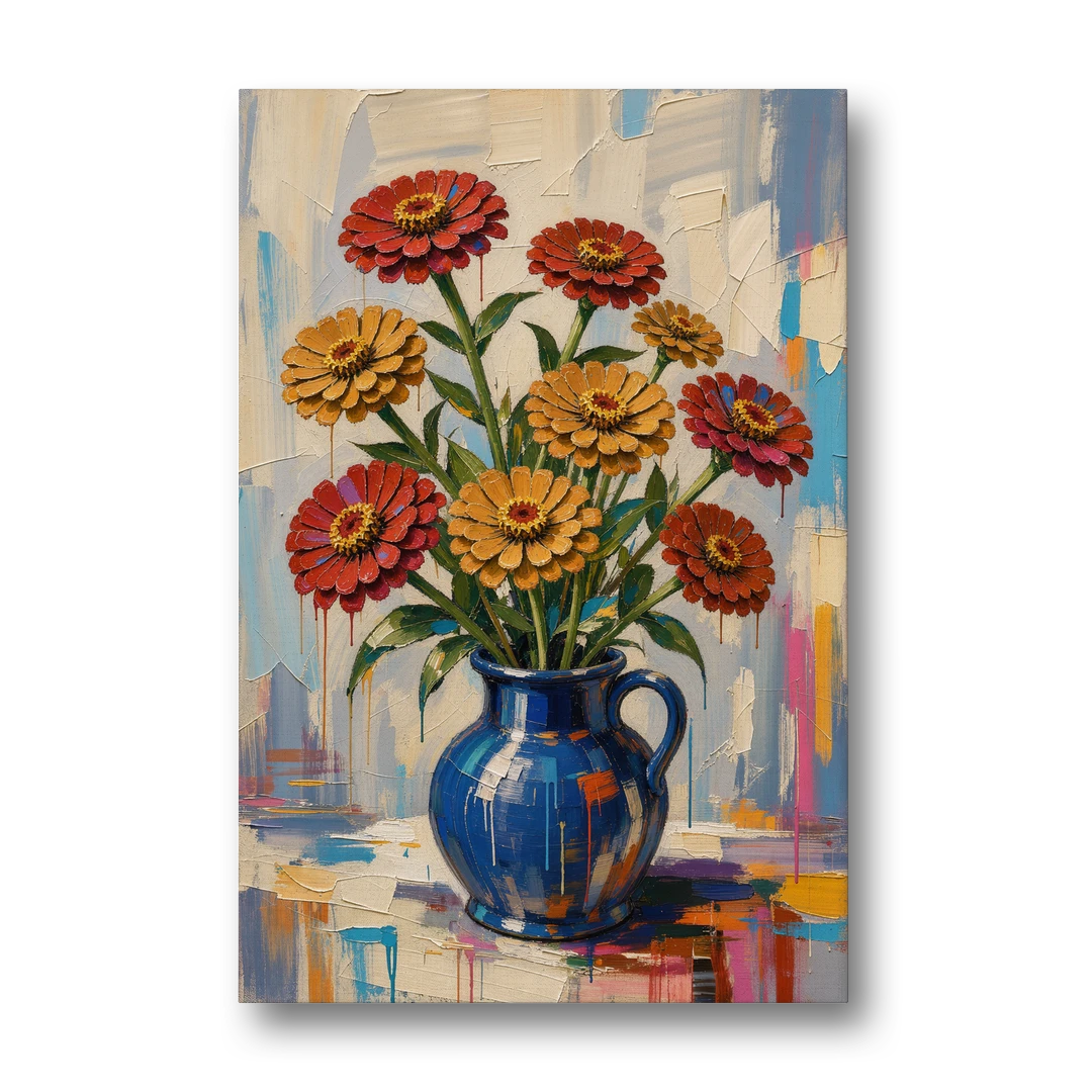 Red Floral Wall Art of Zinnias in a Cobalt Jug - Canvas Wall Art - Front