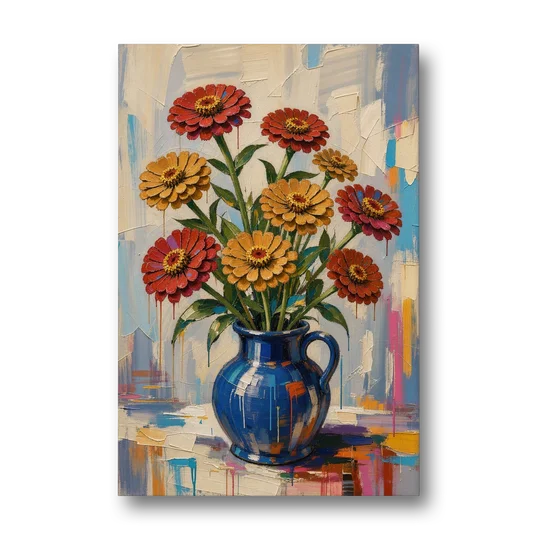 Red Floral Wall Art of Zinnias in a Cobalt Jug - Canvas Wall Art - Front