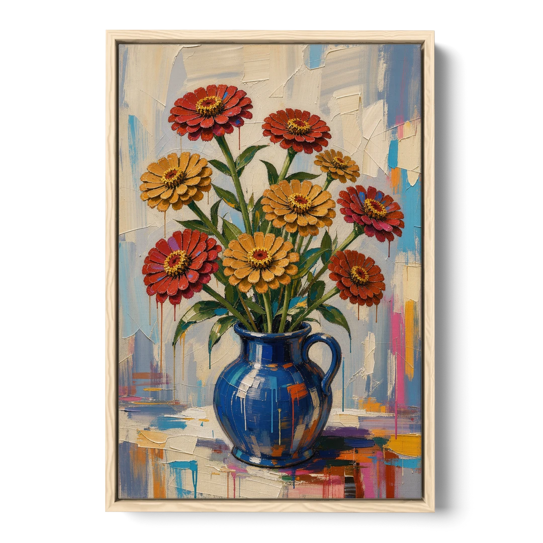 Red Floral Wall Art of Zinnias in a Cobalt Jug - Oak Framed Canvas Wall Art - Front