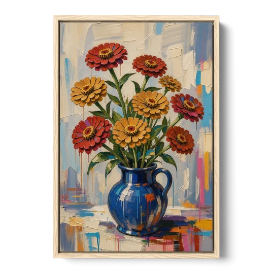 Red Floral Wall Art of Zinnias in a Cobalt Jug - Oak Framed Canvas Wall Art - Front
