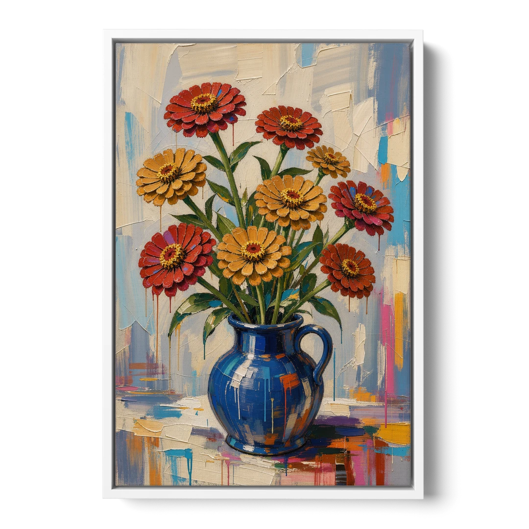 Red Floral Wall Art of Zinnias in a Cobalt Jug - White Framed Canvas Wall Art - Front