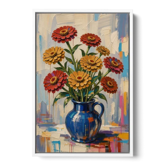 Red Floral Wall Art of Zinnias in a Cobalt Jug - White Framed Canvas Wall Art - Front