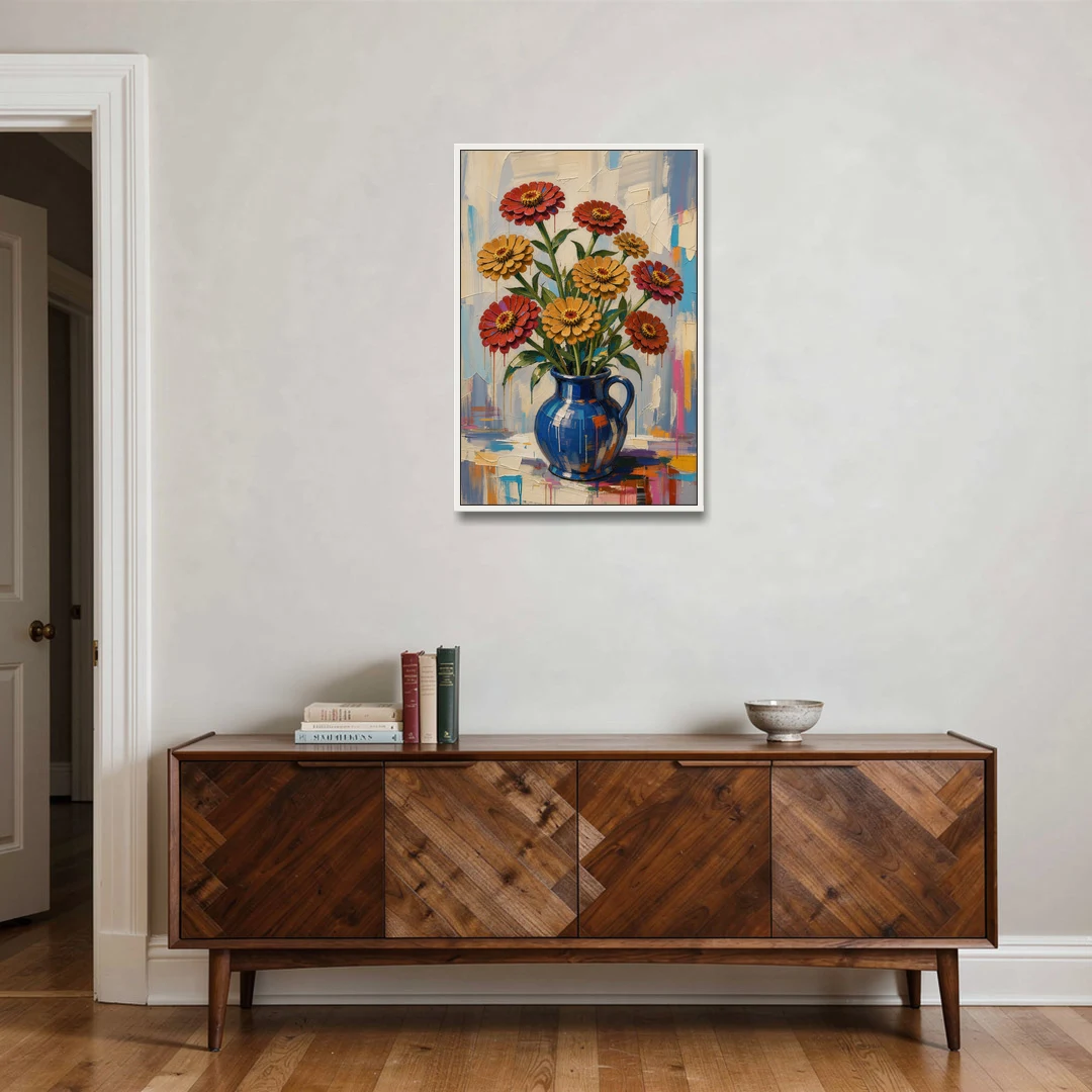 Red Floral Wall Art of Zinnias in a Cobalt Jug - White Framed Canvas Wall Art - Coffee Table - 24x36