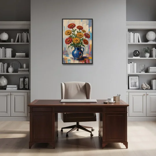 Red Floral Wall Art of Zinnias in a Cobalt Jug - Black Framed Canvas Wall Art - Office - 24x36
