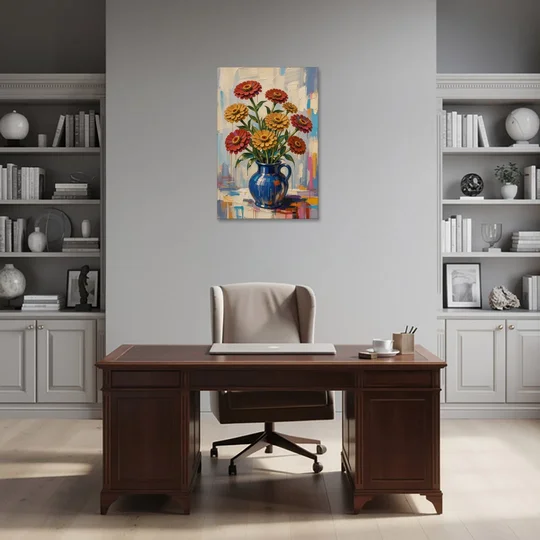 Red Floral Wall Art of Zinnias in a Cobalt Jug - Canvas Wall Art - Office - 24x36