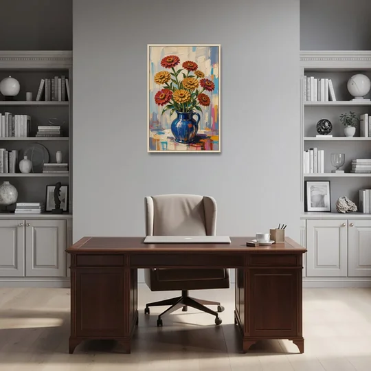 Red Floral Wall Art of Zinnias in a Cobalt Jug - Oak Framed Canvas Wall Art - Office - 24x36