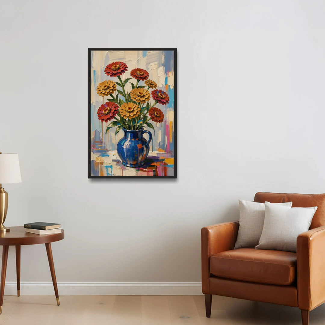 Red Floral Wall Art of Zinnias in a Cobalt Jug - Black Framed Canvas Wall Art - Sofa - 24x36