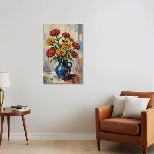Red Floral Wall Art of Zinnias in a Cobalt Jug - Canvas Wall Art - Sofa - 24x36
