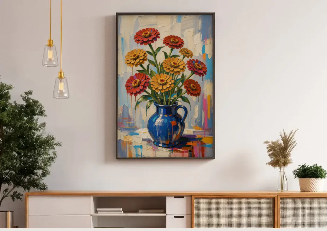Red Floral Wall Art of Zinnias in a Cobalt Jug canvas wall art above a wooden sideboard under pendant lights